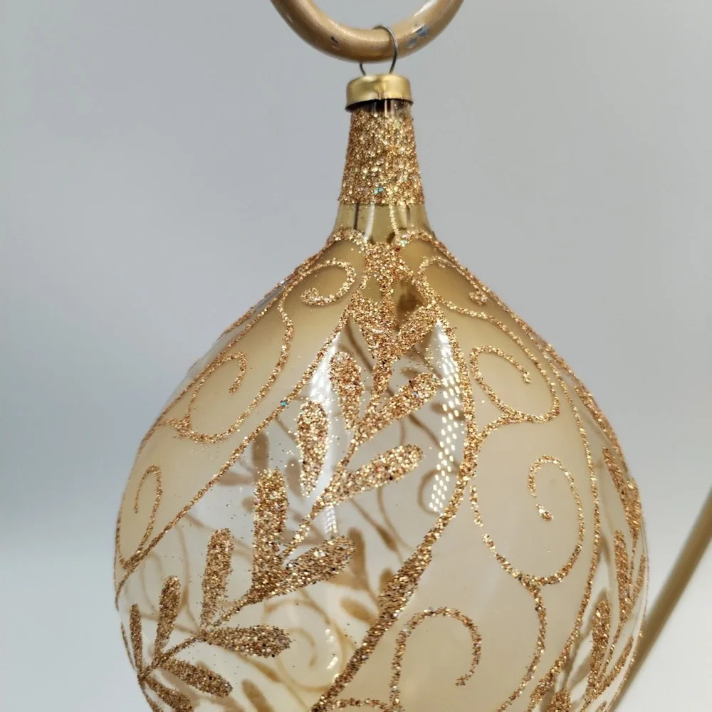 2 Handblown Champagne Glass Finial Ornaments Gold Glitter Filigree Michoacan